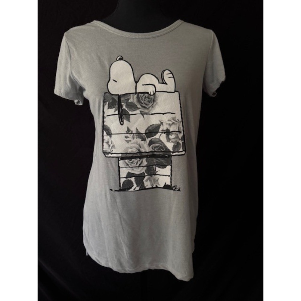 Peanuts Snoopy Floral Doghouse Graphic T-Shirt Grey Linen Blend Womens Medium